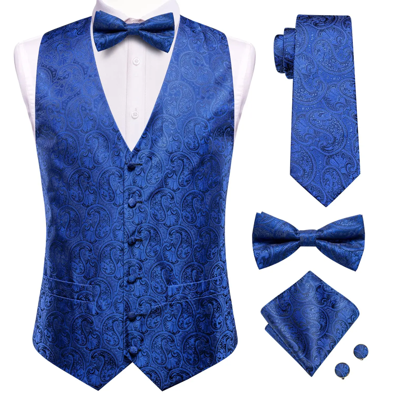 Luxury Silk Mens Vest Tie Bowtie Set Sleeveless Jacket Suit Waistcoat Necktie BHanky Cufflinks Beige Gray Gold Purple Blue Red