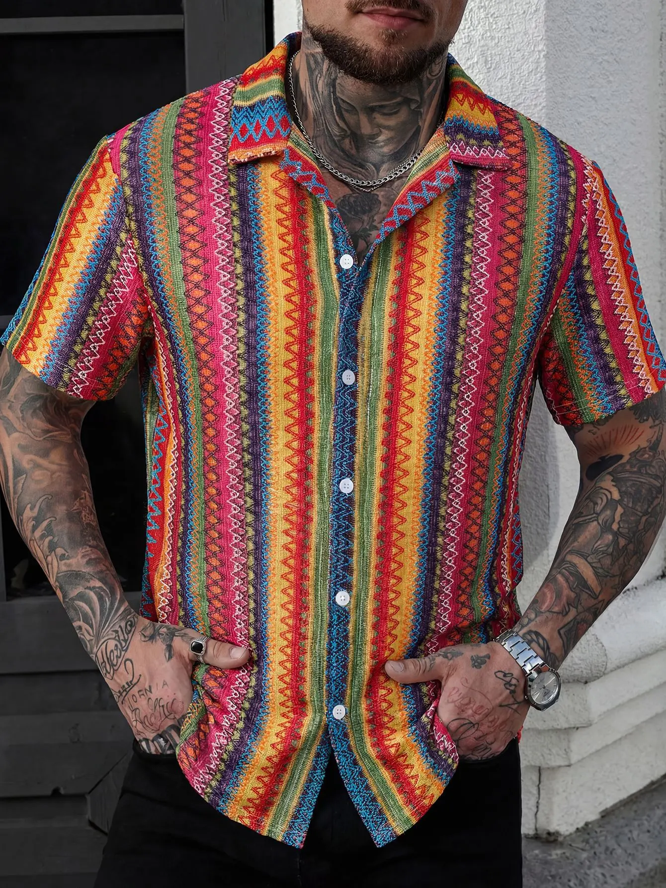 

2026 Summer New Men's Fashion Button Collar Knitted Hook Flower Hollow Short Sleeve Outdoor Leisure Resort 3D Striped Shirt Top