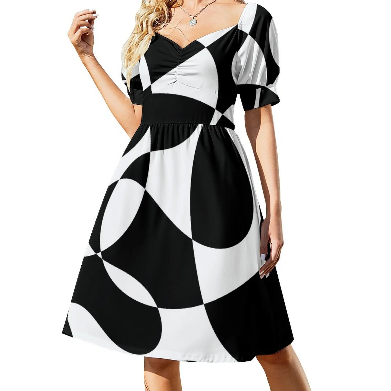 

Retro Monochrome 60s Black and White Pattern Short Sleeved Dress beach dresses long dresses for women Dress