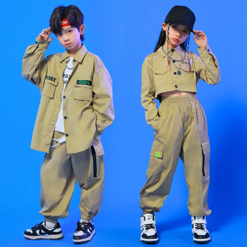 Kids Teen Street Wear Hip Hop Clothing Khaki Shirt Tops Streetwear Tactical Cargo Pants For Girl Boys Jazz Dance Costume Clothes