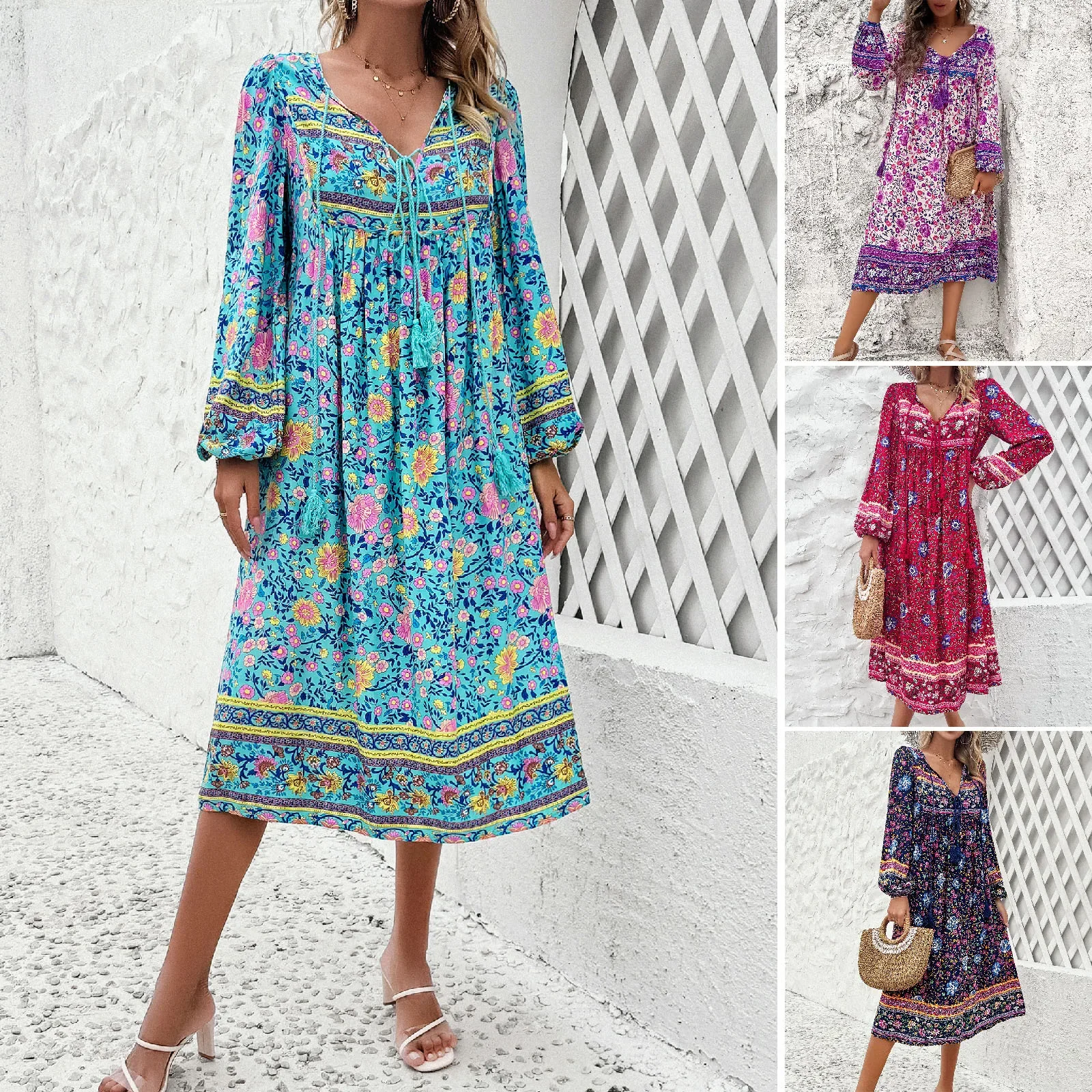 Women Boho Beach Dress Summer New Printed Lace Up Lady's Long Sleeve Dress Loose Holiday Beach Long Dress Vintage Maxi Dresses