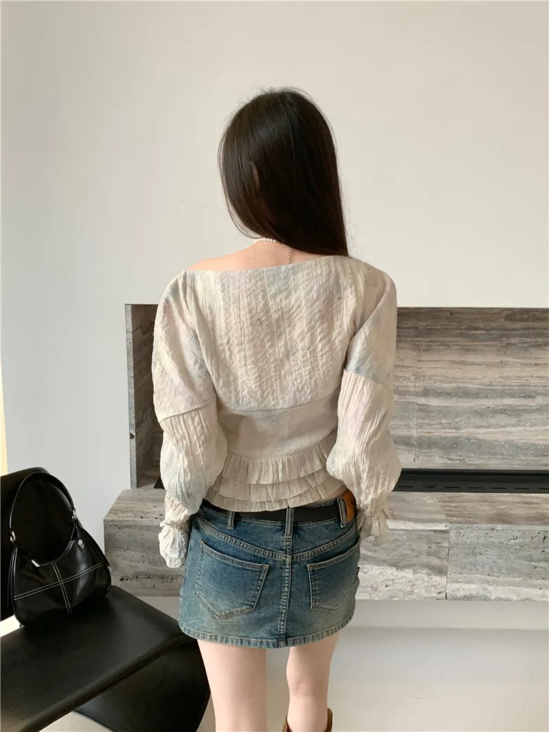 CHEERART Tie Dye Slash Neck Blouses For Women Fashion 2023 Lantern Sleeve Ruched Ruffles Designer Peplum Top Summer Spring