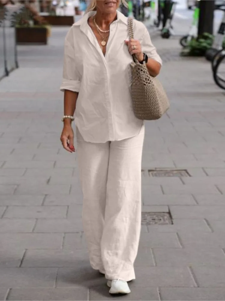 

Fashion Office Solid Set For Women Casual V Neck Long Sleeve Pullover Tops Wide Leg Pants Two Piece Sets Lady Spring Summer New