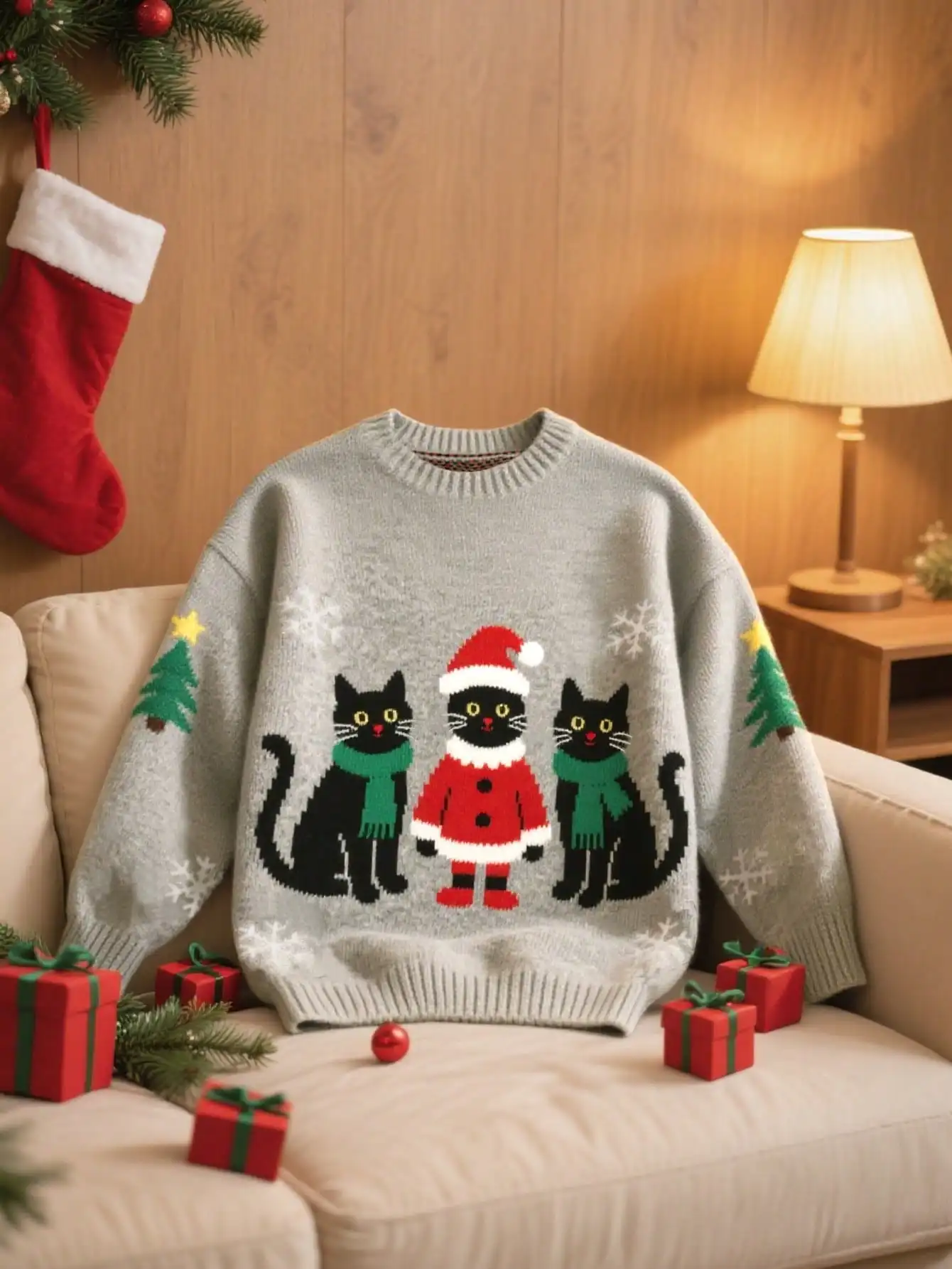

Christmas Cat Sweater for Women, Cute Santa & Black Cats Jacquard Design, Loose Fit Long Sleeve Pullover