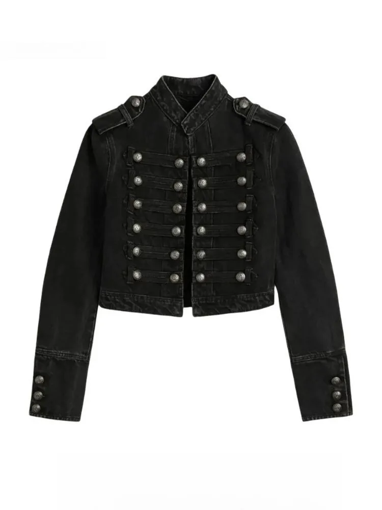 Y2K Retro Hussars Jacket Stand Collar Double Breasted Button Cropped Jacket Napoleon Old Money BLK Denim Jacket Women Boxy Coat
