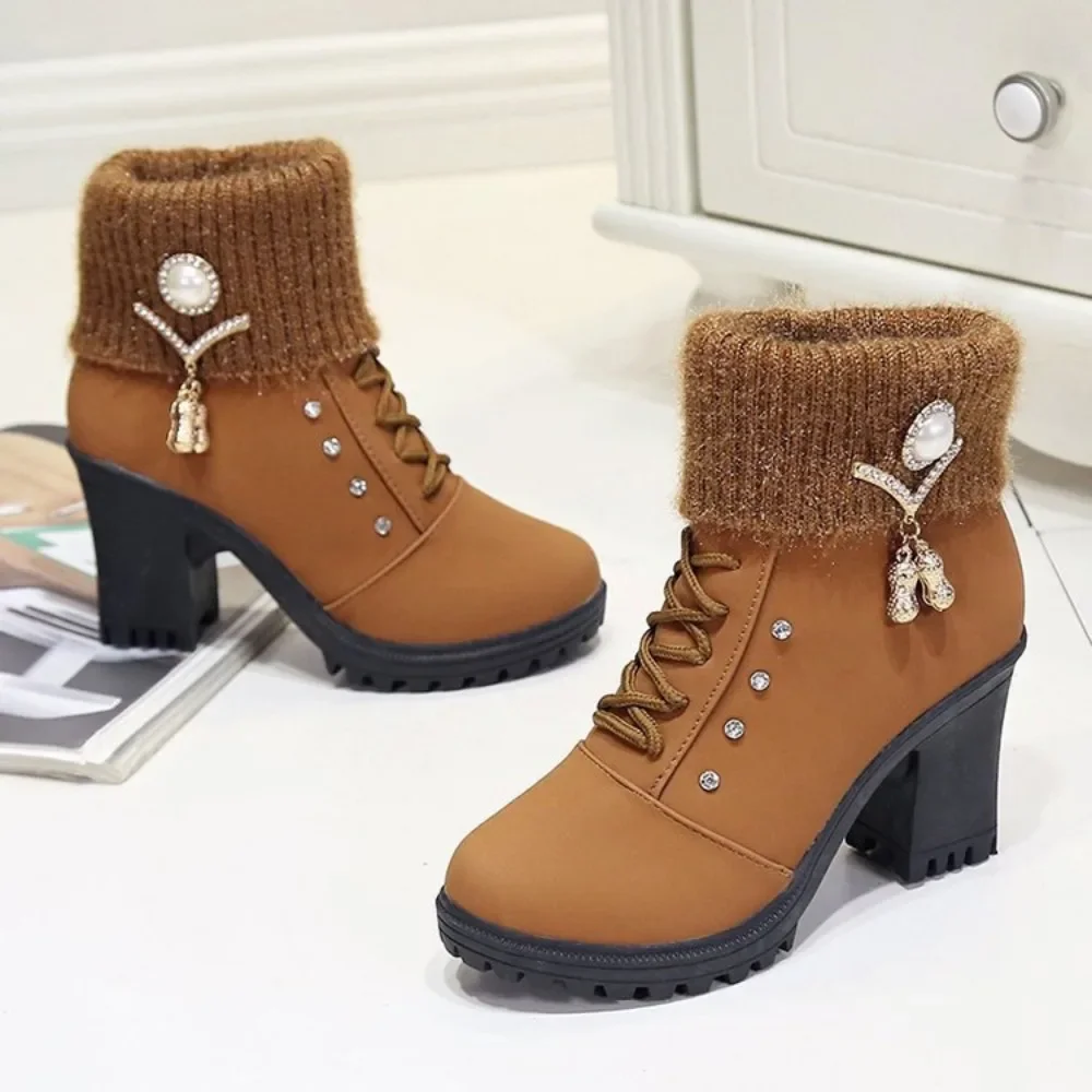 

Winter Short Plush Snow Boots Women Metal Decoration High Heels Ankle Boots Woman Patchwork Non-Slip Warm Booties Female