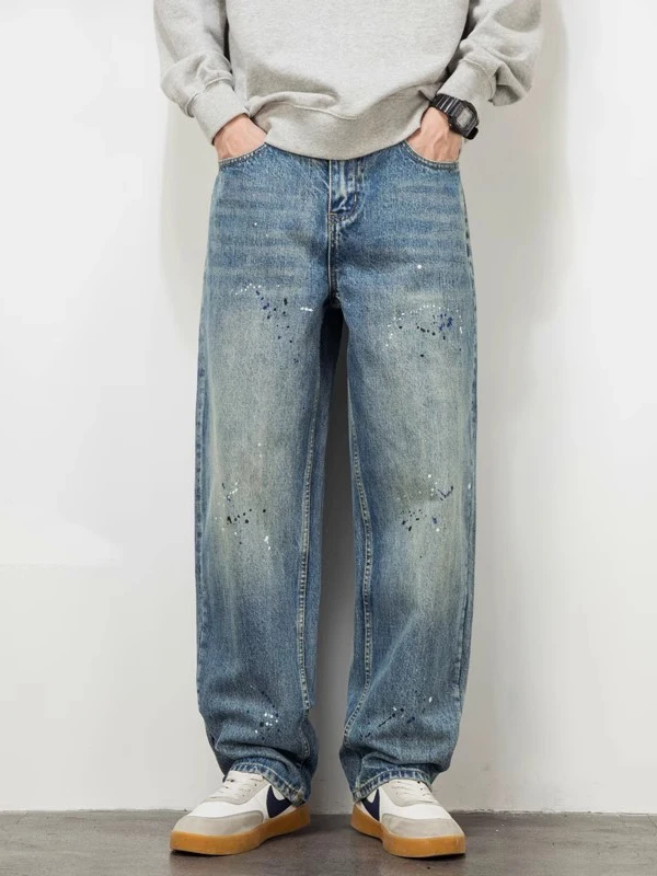 

Trendy Men's Paint Splatter Loose Straight Leg Jeans American Casual Light Wa Large Size Wide Leg Pants Spring New Sle