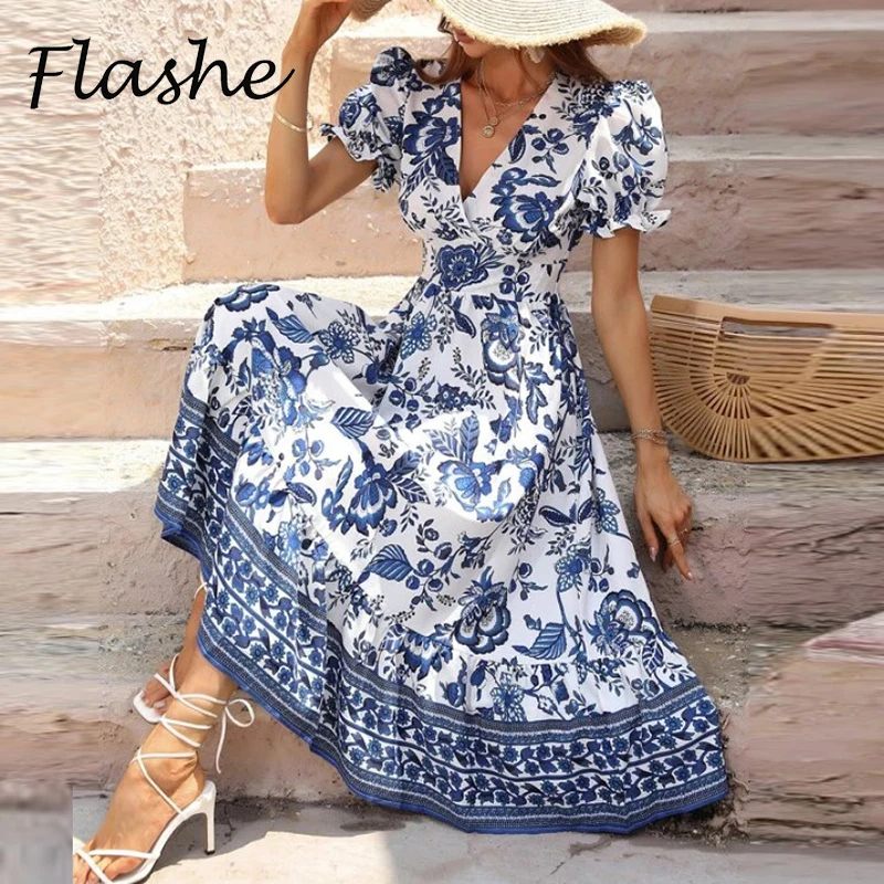 

Elegant Dresses For Women V Neck Flower Print Short Sleeve A-line Long Dress Women Summer Casual Bohemia Dresses For Women