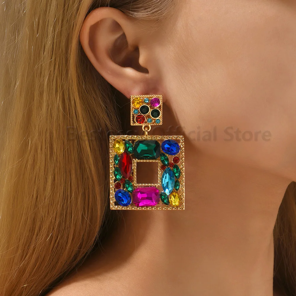 Euro American Pure Simple Big Earrings For Women Colorful Rhinestone Square Shape Hollow Pendants Sexy Girl Fashion Jewelry Gift