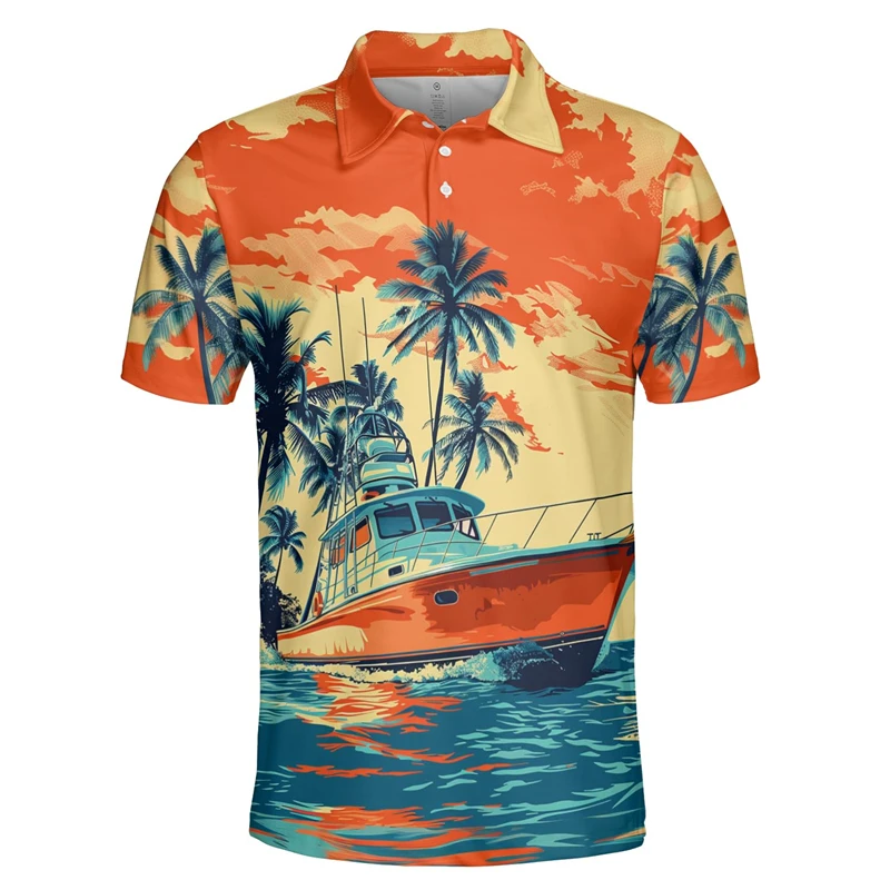Fashion Boat Graphic Polo Shirts Summer Casual Vacation 3D Cruise Ship Printed T Shirts Trend Sunset Pattern Mens Polo Shirt