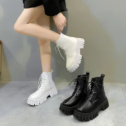 2024 White New Women Ankle Boots Autumn Winter Platform Zipper Women Punk Boots Thick Sole Lace Up Combat Booties Female Mujer