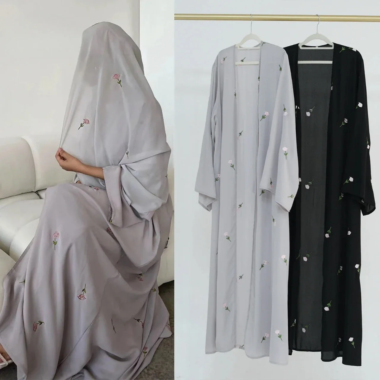 Flower Embroidery Dubai Open Abaya Muslim Women Elegant Cardigan Coat Middle East Turkey Islam Clothing Islamic Party Robe