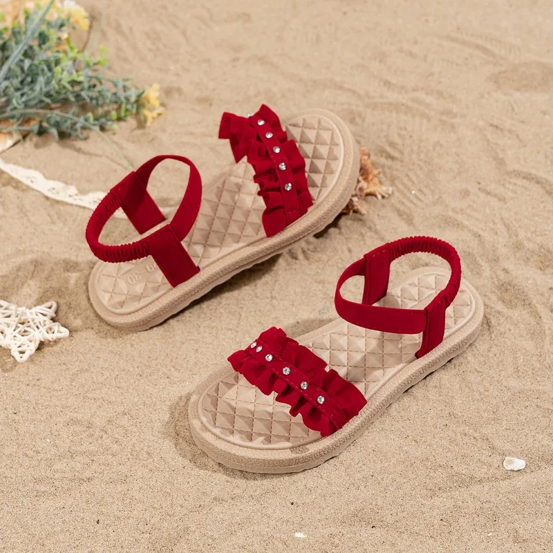 Children's Red Ruffled Sandals Rhinestone Decor, Elastic Strap, Thick Sole, Comfortable Summer Footwear for Kids Girl Shoes