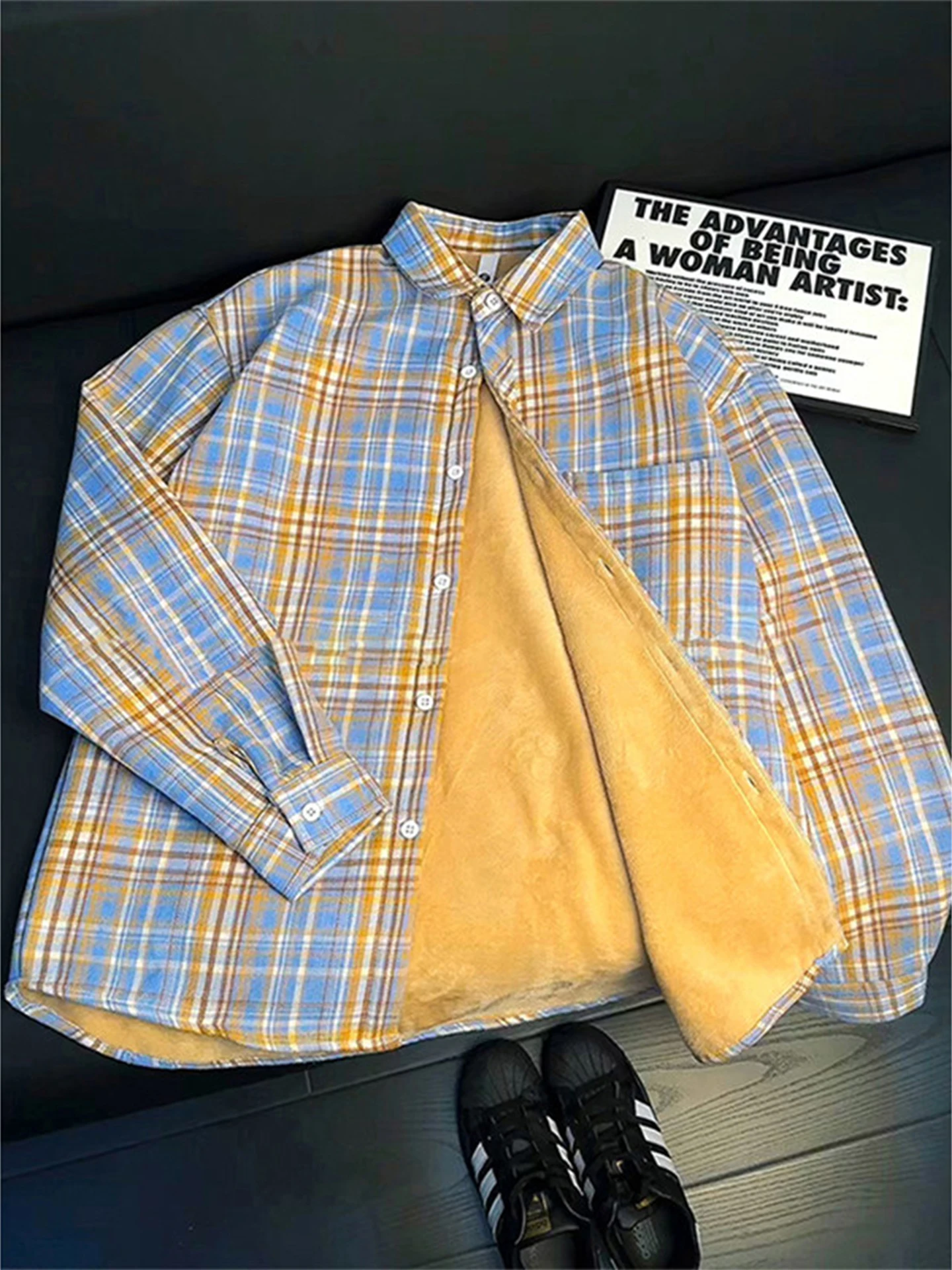 American Retro Plaid Long Sleeve Shirt Men Women Thickened Fleece Autumn Winter Outerwear Teenagers Layering Checkered Shirt