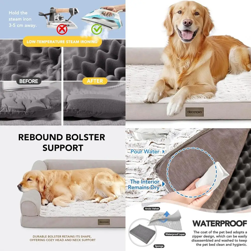 

Большая C-образная лежанка-диван для собак, с пеной Eggcrate, велюр цвета хаки, водонепроницаемая и нескользящая, с моющимся чехлом, 42x31x8