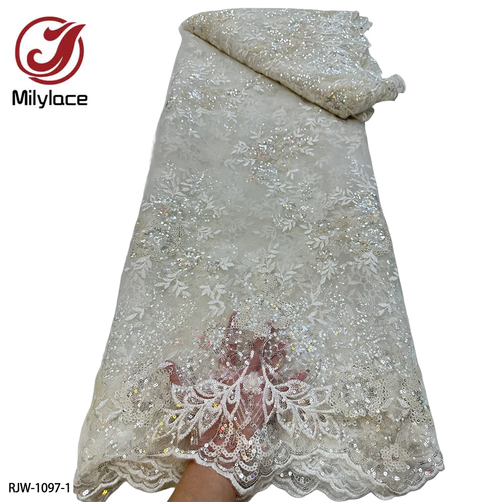 

High Quality African Mesh Lace Fabric 2023 French Sequins Lace Embroidered Nigerian Lace Fabric for Sewing RJW-1097