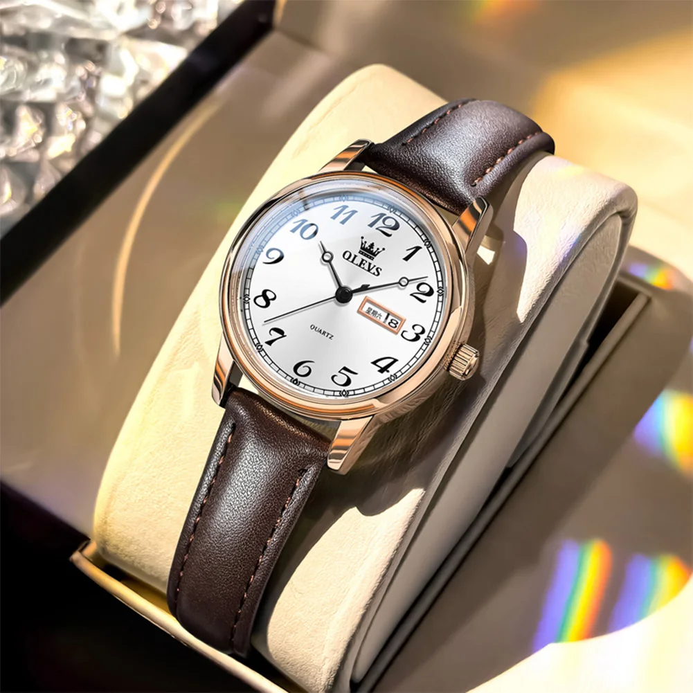 OLEVS Fashion Vintage Style Watches Women Brown Leather Strap Quartz Wristwatches Original Design Ladies Clock Relogio Feminino