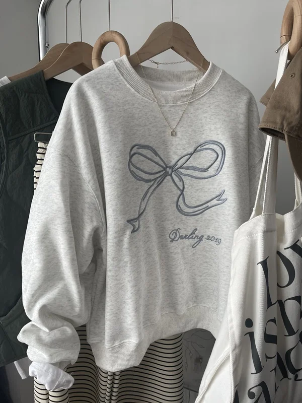American High Street Retro Spring New  Knot Sweet Casual Loose Sweatshirt Women Universal Top round Neck Long Sleeve