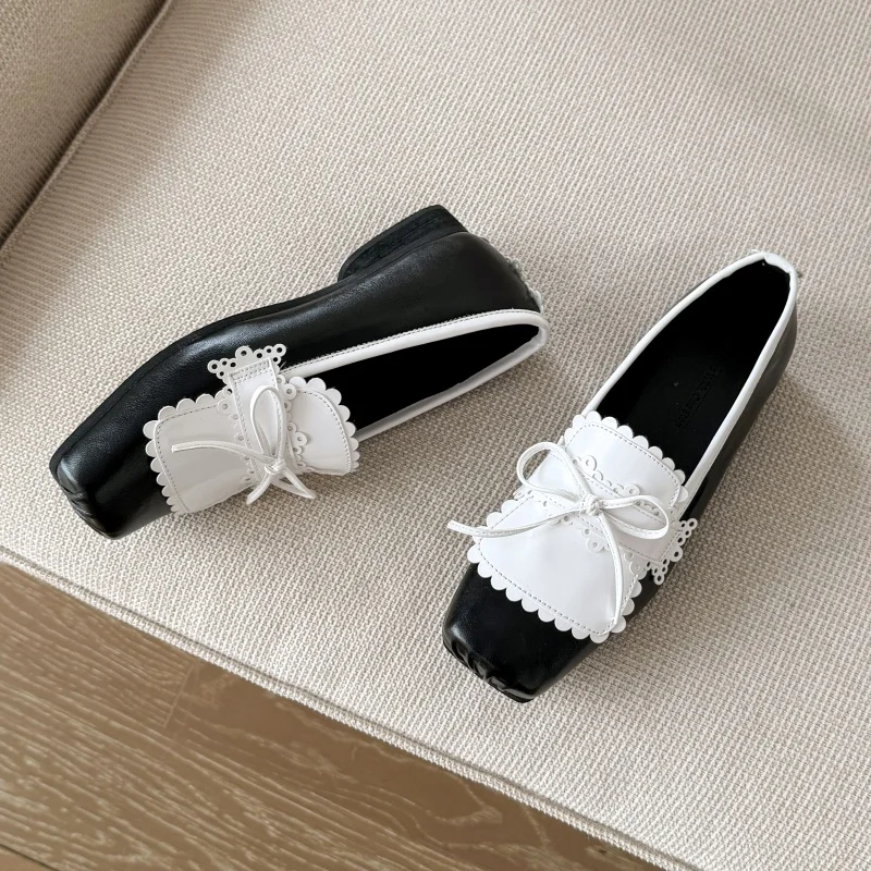 MKKHOU Fashion Pumps New High Quality Genuine Leather Shoes Square Head Color blocked Lace High Heels Women's Heels Shoes