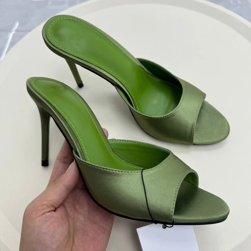 FSMG Fashion 10.5cm Thick Satin High Heels Slippers Summer Sexy With Pointed Exposed Toes Thin Heels Sandals Ladies Party Shoes