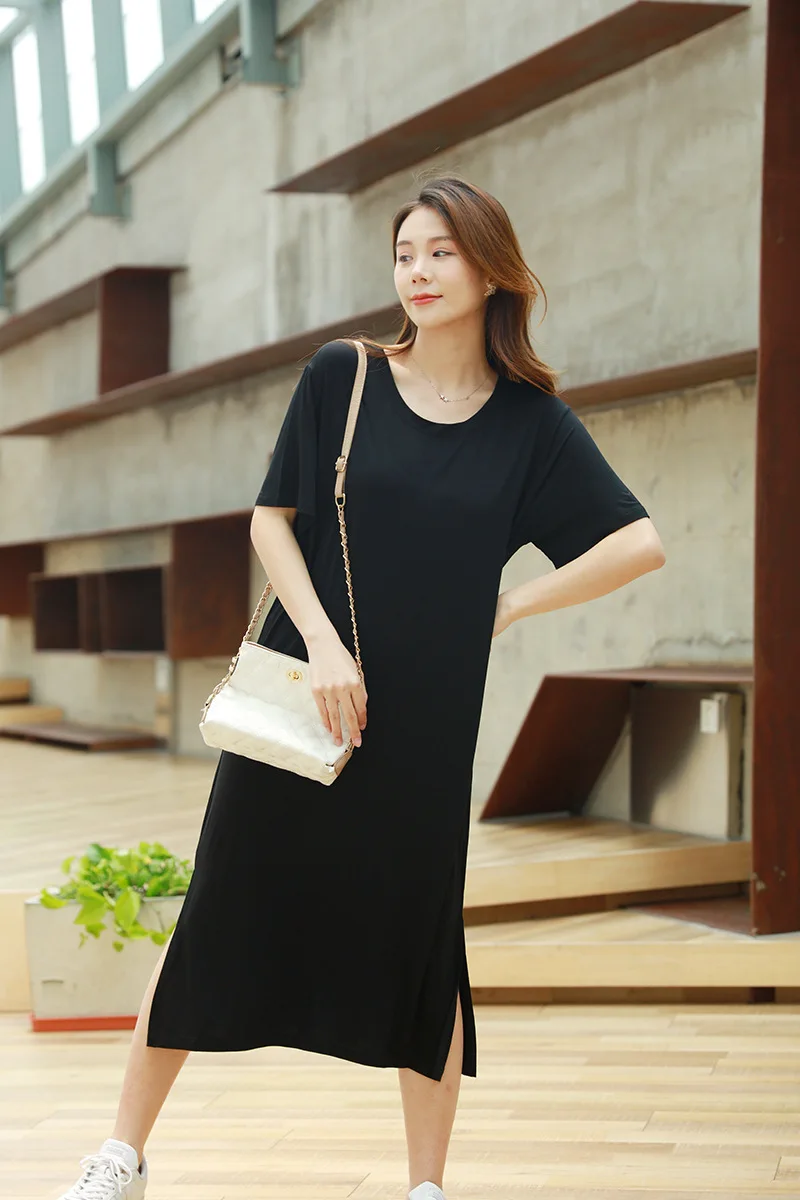 

Ночная рубашка из модала с коротким рукавом для мамы, большой размер, свободная домашняя одежда, однотонная мягкая одежда для сна с разрезом, модная пижама, повседневные домашние платья