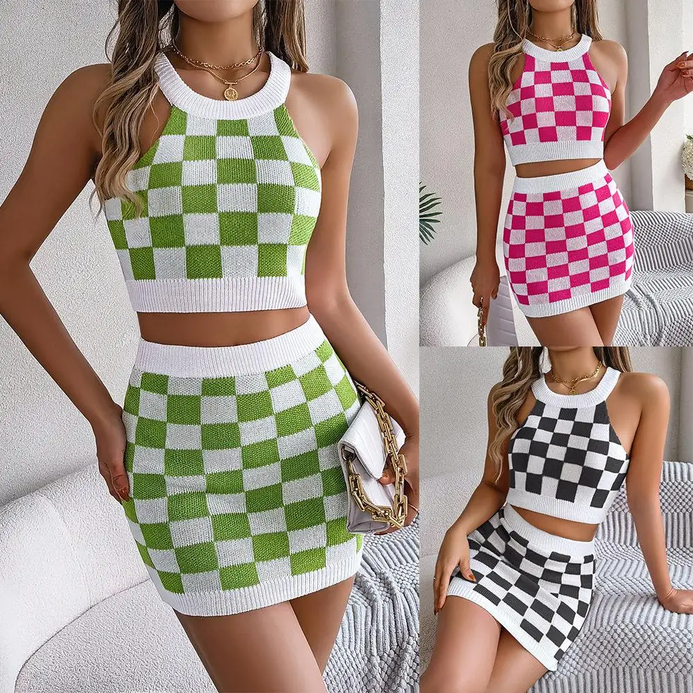 Spring Summer Color Blo Plaid Crop Top And Skirt Knitted Set Women's Cross-Border Faion Autumn No Sve Brandl Set