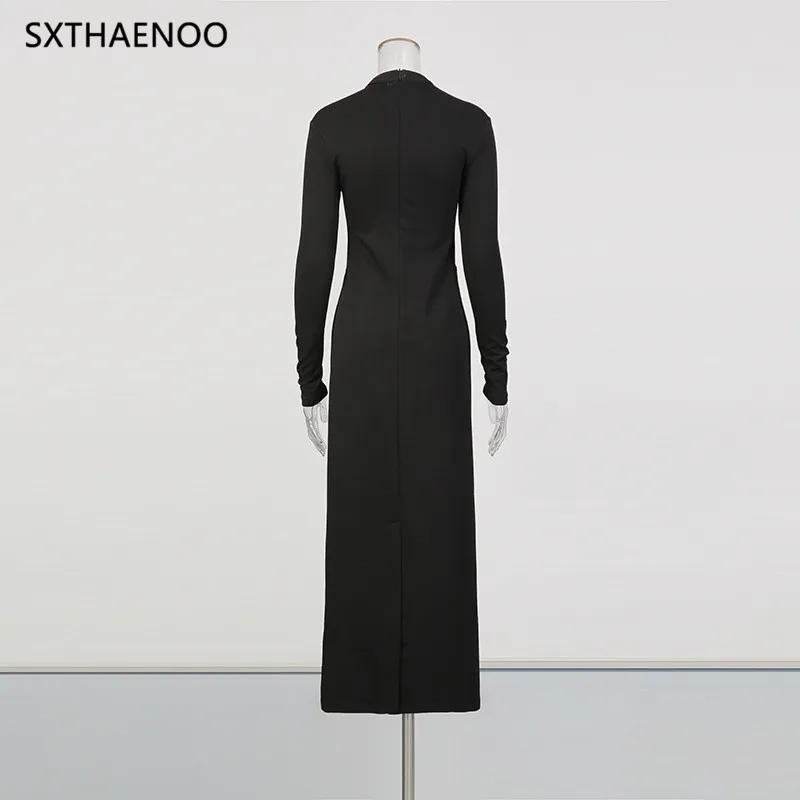 SXTHAENOO ضرب اللون التخسيس تقسم الدانتيل فساتين أنيقة للنساء الوقوف الرقبة طويلة الأكمام المرقعة طيات فستان الإناث 2025