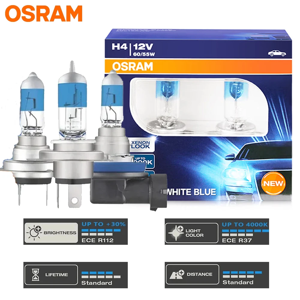 OSRAM H1 H4 H7 H11 HB3 HB4 HALOGEN HEADLIGHT CAR LAMP Hi/Lo BEAM H4 12V 60/55W H7 12V 55W 4000K WARM WHITE LIGHT (2 PIECES)
