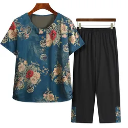 Fdfklak Grandma's Summer Short-Sleeved Pant Suit Women's Round Neck Printed Clothes Middle-Aged Elderly Mother Two-Piece Set