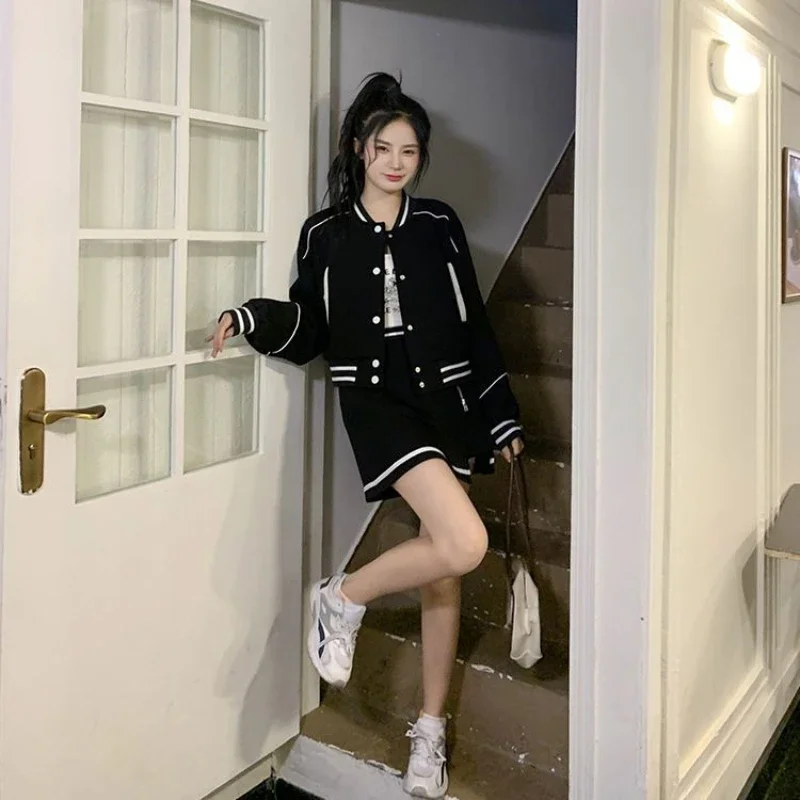 Comfortable Retro Baseball Jacket Skirt Set Hong Kong Chic Style for Women Spring Autumn Wear