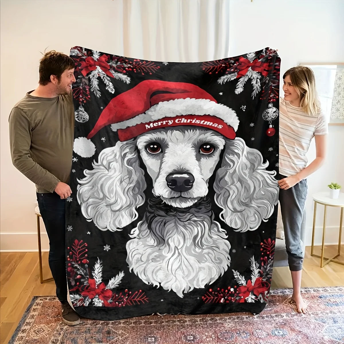 1pc Fluffy Throw Blanket, 2D Flat Christmas Poodle Dog with Santa Hat Holly Bow Print, Warm Blanket for Sofa Bedroom
