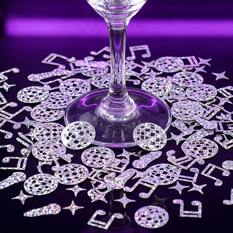 100Pcs Silver Disco Confetti Glitter Music Note Microphone Scatters for 70s Themed Disco Birthday Dance Party Table Decoration