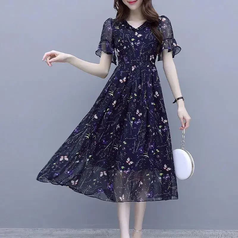 

Vintage Printed Bandage Butterfly Sleeve Chiffon Floral Dress Women's Clothing 2024 Summer New Commute Midi Dress
