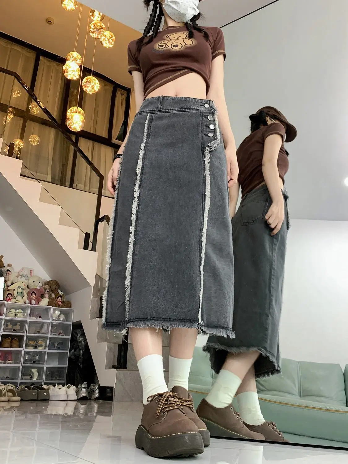 Denim Skirts Black Grey Buttons High Waist Vintage Elastic Spring Summer Autumn Casual Loose Long For Woman Womens 2024 Skirt