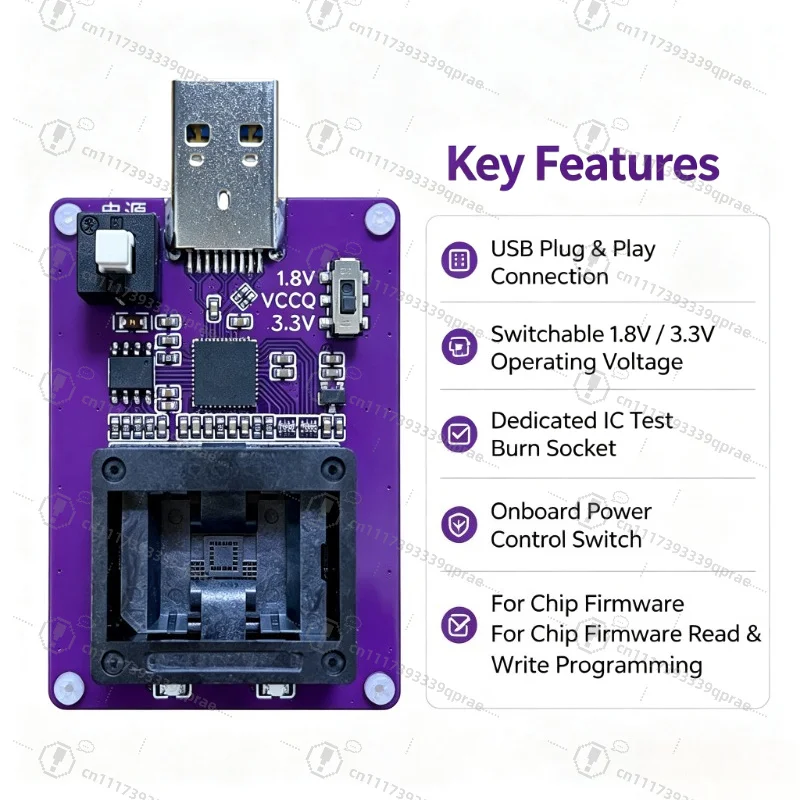 BGA153 EMMC Programming Socket USB3.0 High Speed GL3224E HS400 1.8V 3.3V Adjustable Voltage Chip Image Burn Test Tool