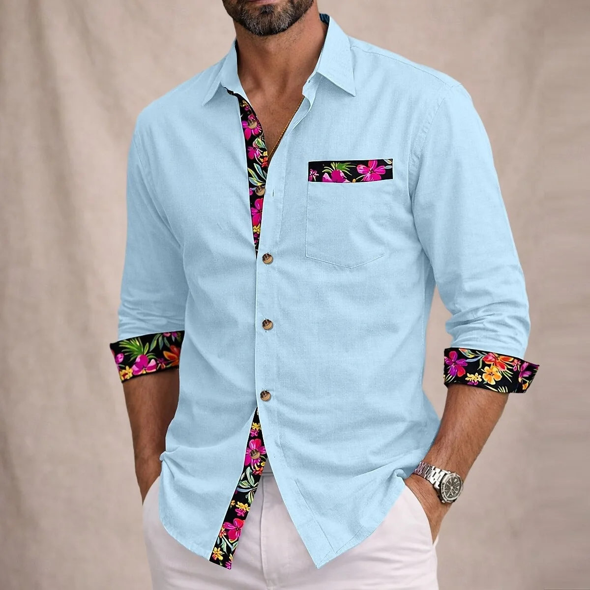 2026 Summer Men's Long Sleeve Shirt Cuffs Collar Print