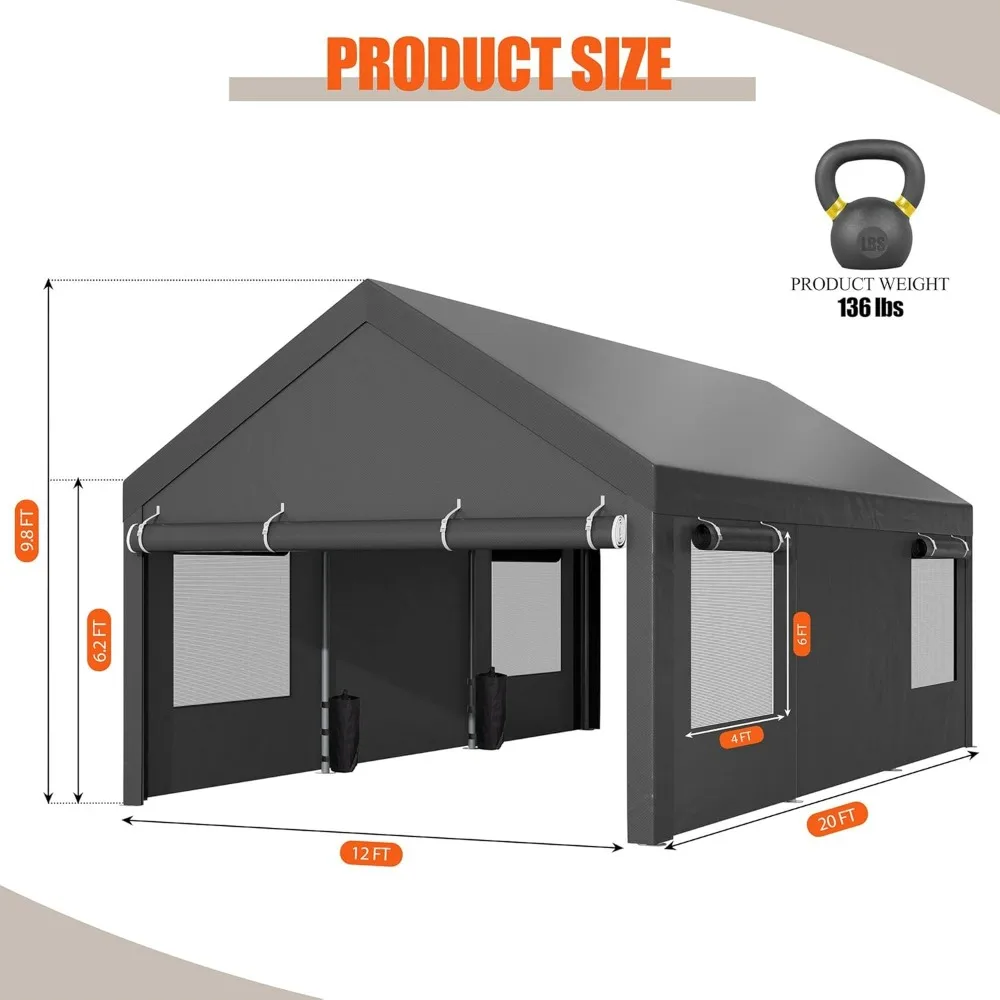 Carport, 12x20 ft Carport with Roll up Windows and Removable Sidewalls & Doors with Sandbag and All Season Tarp, Portable Garage