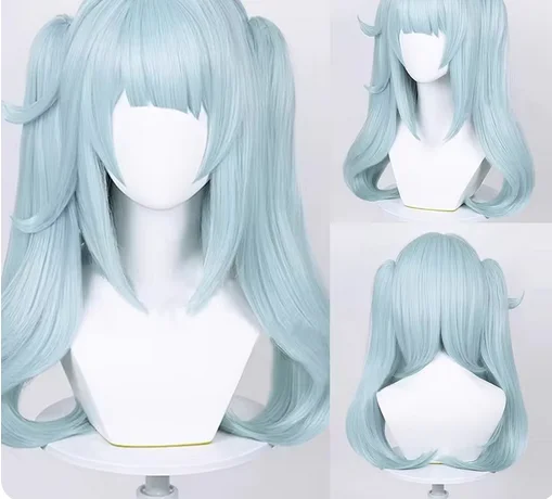 Genshin Impact Faruzan Wigs Synthetic Long Straight Light Blue Double Ponytails Game Cosplay Hair Wig For Daily Party