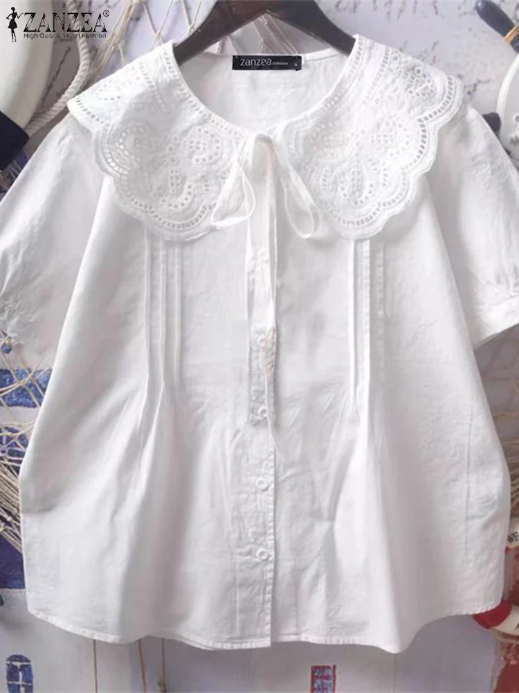 

2025 ZANZEA Women White Summer Shirts Short Sleeve Peter Pan Collar Casual Shirt Fashion Tops Lace Hollow Out Loose Blusas Femme