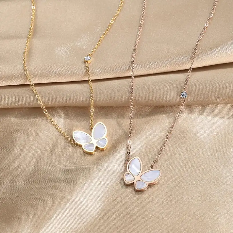 316L Stainless Steel Fashion Fine High-end Jewelry Natural Shell Zircon Butterfly Charms Collier Necklaces Pendants For Women
