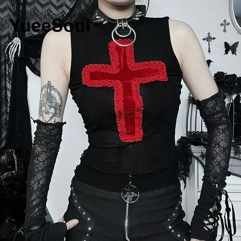 Gothic Lace Mesh Crop Tops Black Sexy Spaghetti Strap Corset Tops Goth Punk Grunge Fairy Core Halloween Y2K Aesthetic Clothes