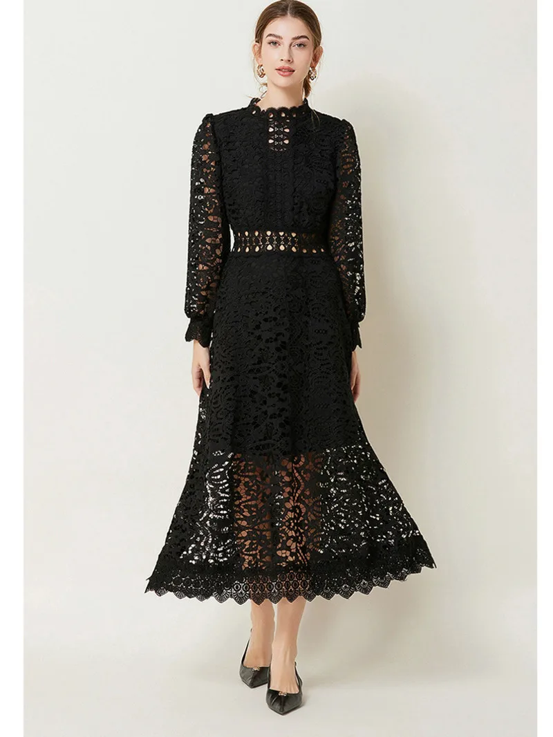 Robe vert violet pour femmes, col montant, manches longues, taille haute, découpée, couleur unie, robes mi-longues, vêtements féminins, nouvelle collection automne 2025 PA8W