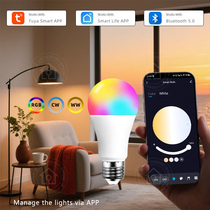 

E27 Смарт-лампа Tuya Bluetooth Светодиодная лампа 18 Вт 15 Вт 9 Вт 220 В RGB Лампа Управление через приложение Таймер Регулируемая синхронизация музыки Работает с Smart life