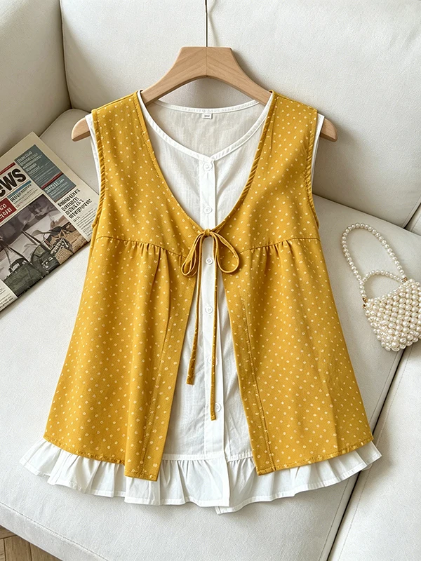 

Korean Style plus Size Sleeveless Floral Print Dummy Two-Piece Doll Shirt Women Summer Loose Belly Cover Versatile Top