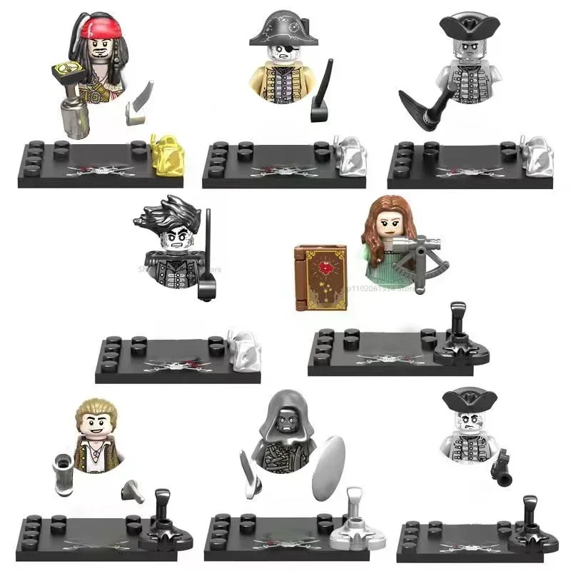 Piratas do caribe blocos de construção, conjunto de 8 peças, jack sparrow, figuras clássicas do filme, acessórios de cabeça, brinquedos para crianças