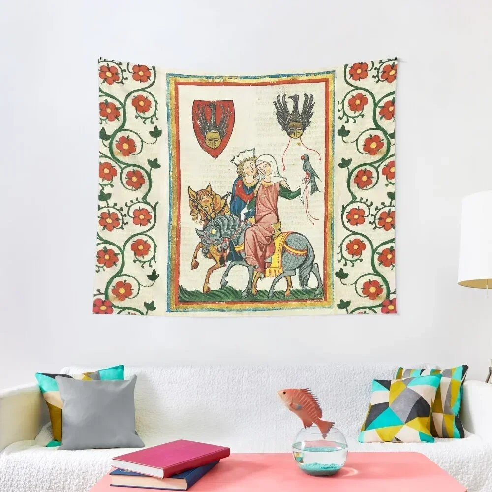 

LOVERS ON HORSEBACK WITH FALCON , MEDIEVAL MINIATURE WITH WILD ROSES Tapestry Custom Room Decor Aesthetic Tapestry