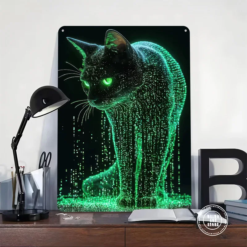 Cyberpunk Cat With Glowing Green Eyes Metal Poster Perfect Gift for Fans Lovers Personalized Wall Art Metal Sign for Decor Room