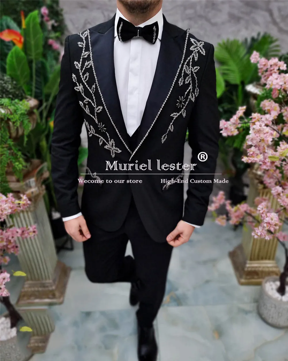 Elegance Sliver Beaded Suits Mens 2 Pieces Sets Male Dinner Prom Blazers Luxury Groom Wedding Tuxedos Skinny Trajes Para Hombre