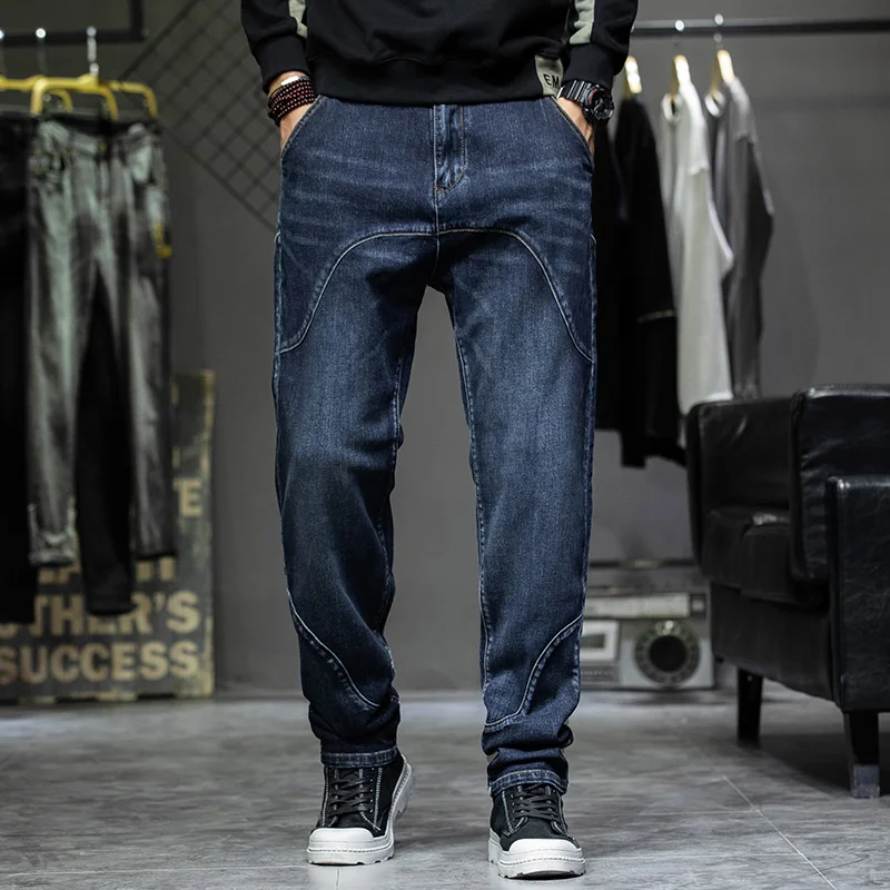 

Мужские джинсы свободного кроя с прямыми штанинами, эластичной талией, больших размеров, из смеси хлопка и полиэстера, модные городские стильные длинные брюки