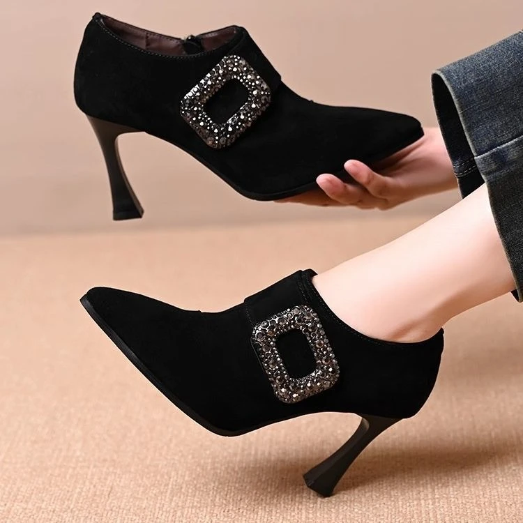 Spring Autumn Women Suede Pointed Toe Short Boots Side Zipper High Heel Ankle Booties Black Versatile Single Lining Casual Shoes